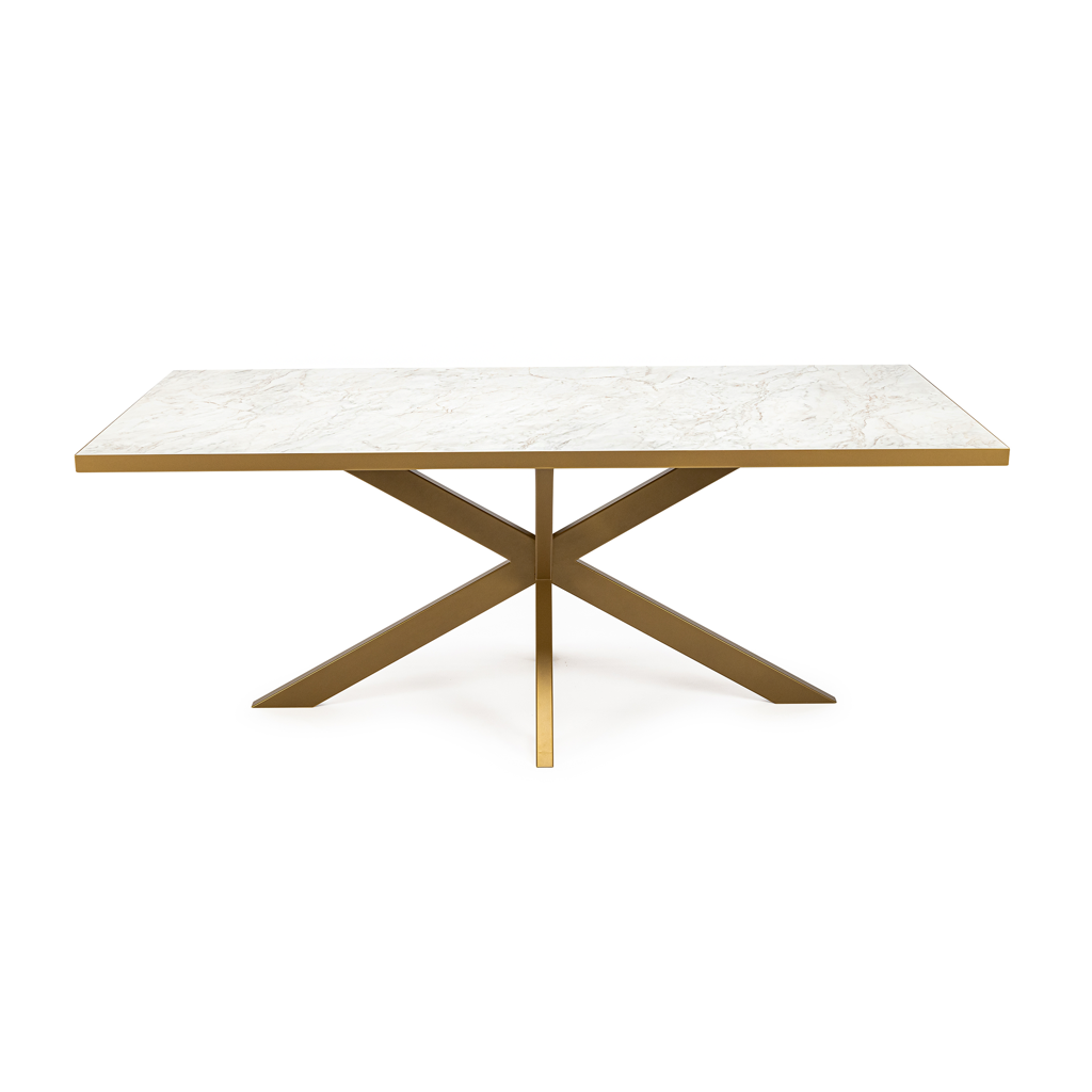 Rechthoekige marmeren tafel met sierlijke goudkleurige X-vormige poten, strak en modern ontwerp.